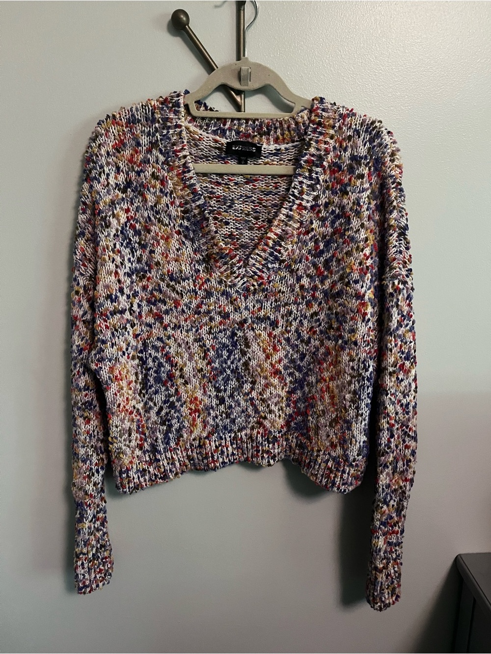 Express Multicolor V-Neck Sweater in Blue, Red, Yellow, Cream, and Purple